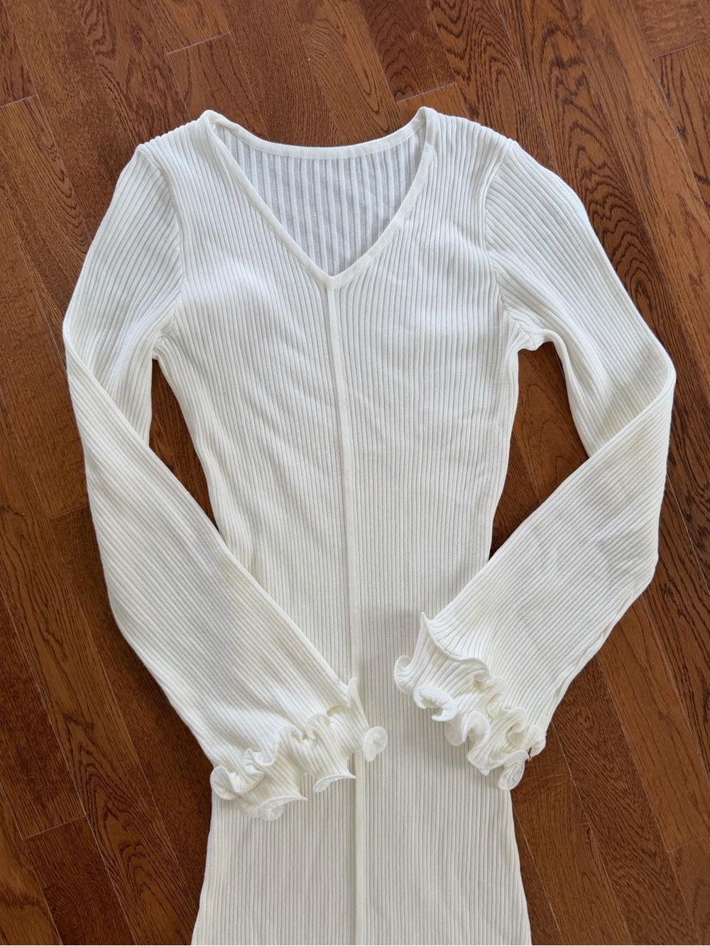 Ribbed V-Neck Maxi Dress in Cream with Ruffle Cuffs